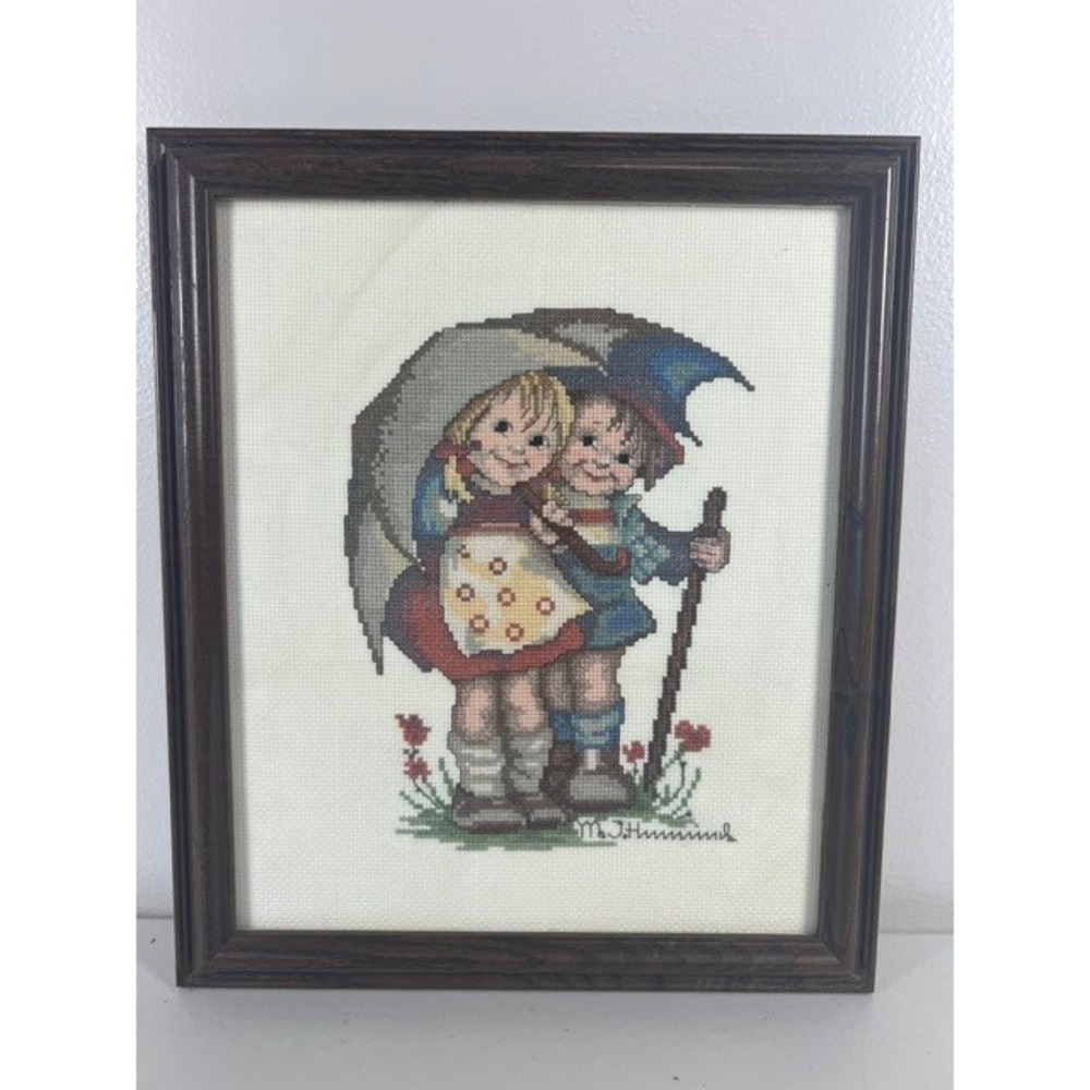 Vintage MJ Hummel Umbrella Boy and Girl Framed Cross Stitch Wall Art Folk Art